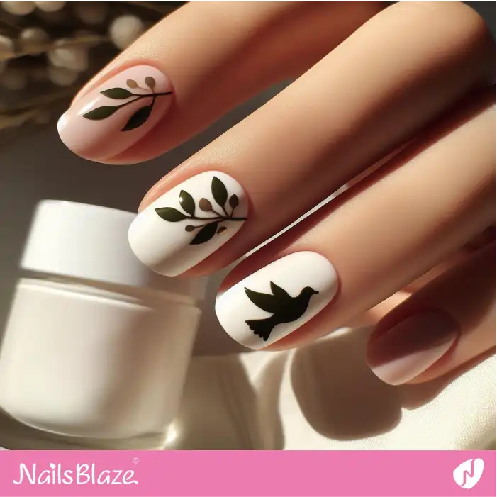 Silhouette Peace Dove and Olive Leaf Nail Design | Nature-inspired Nails - NB1635